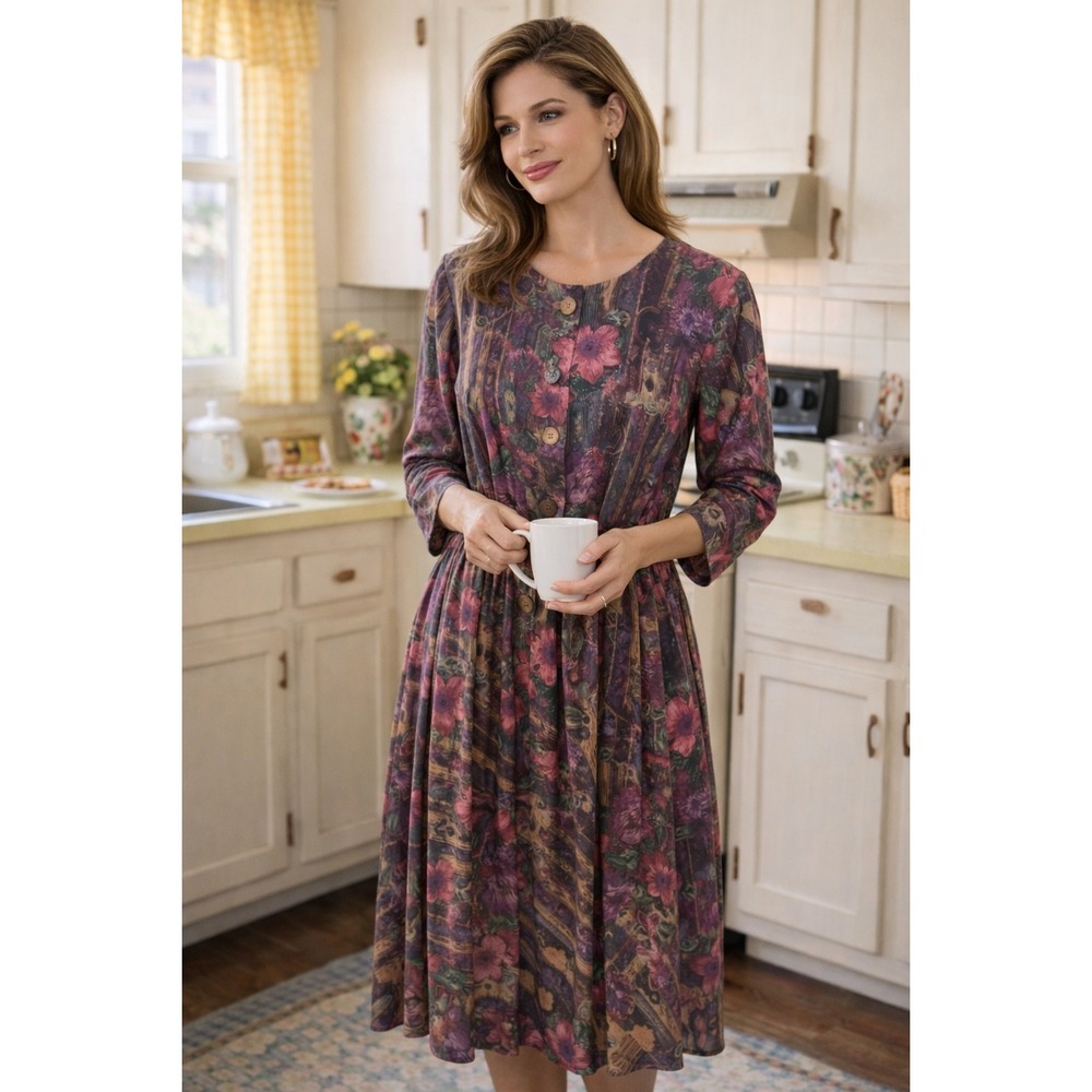 Vintage A Line Midi Dress Multicolor Psychedelic Flowers‎ Womens Long Sleeve